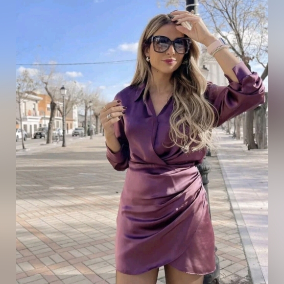 Zara Dresses & Skirts - NWT Zara | Satin Ruched Shirt Dress Silky Eggplant Womens Large